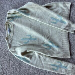 Cream Sweater with Blue Cactus Design